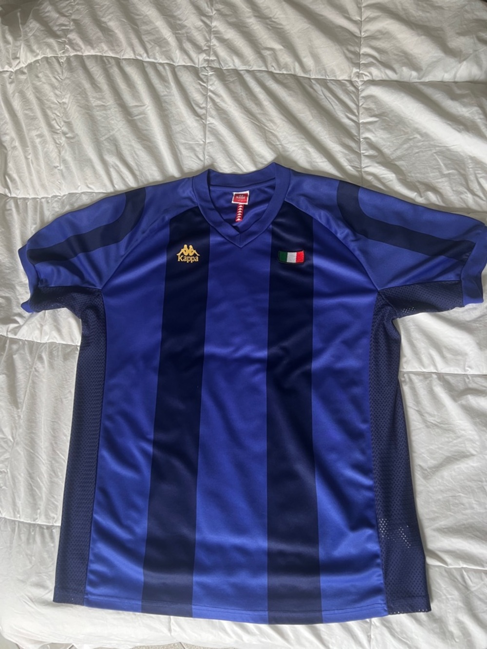 Kappa Royal and Navy Blue Striped Italy Soccer Jersey with Gold Logo